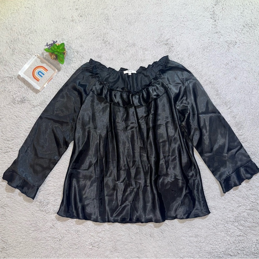 NICOLA Black Satin Blouse with Ruffle Neckline